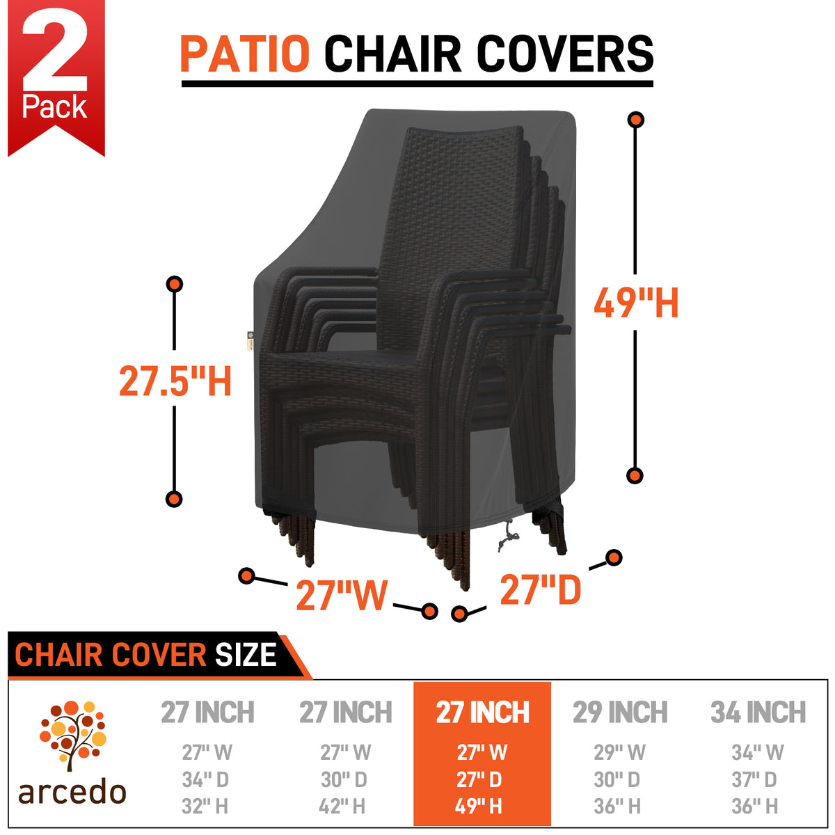 Arcedo High Back Patio Chair Covers 2 Pack, 27" W x 27" D x 49" H, Black