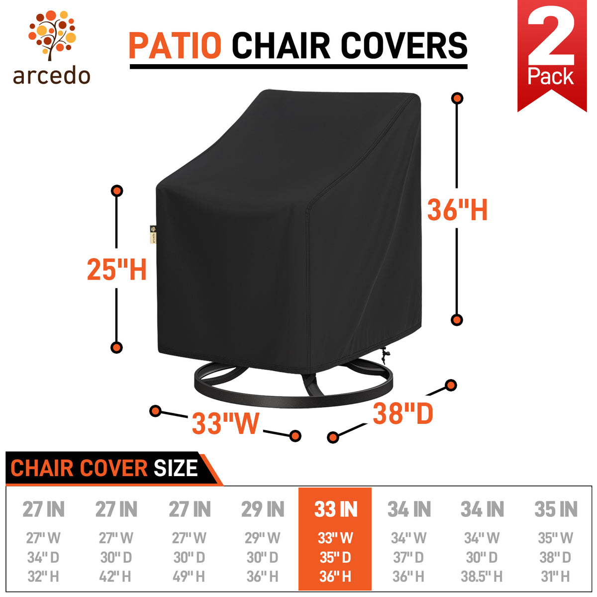 Arcedo Patio Chair Covers Waterproof 2 Pack, 33" W x 35" D x 36" H, Black