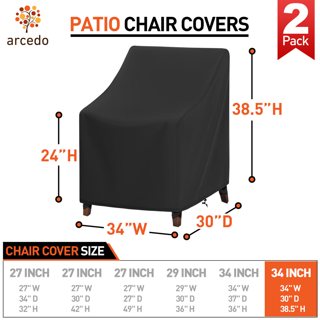 Arcedo Waterproof Outdoor Chair Covers 2 Pack, 34"W x 30"D x 38.5"H, Black