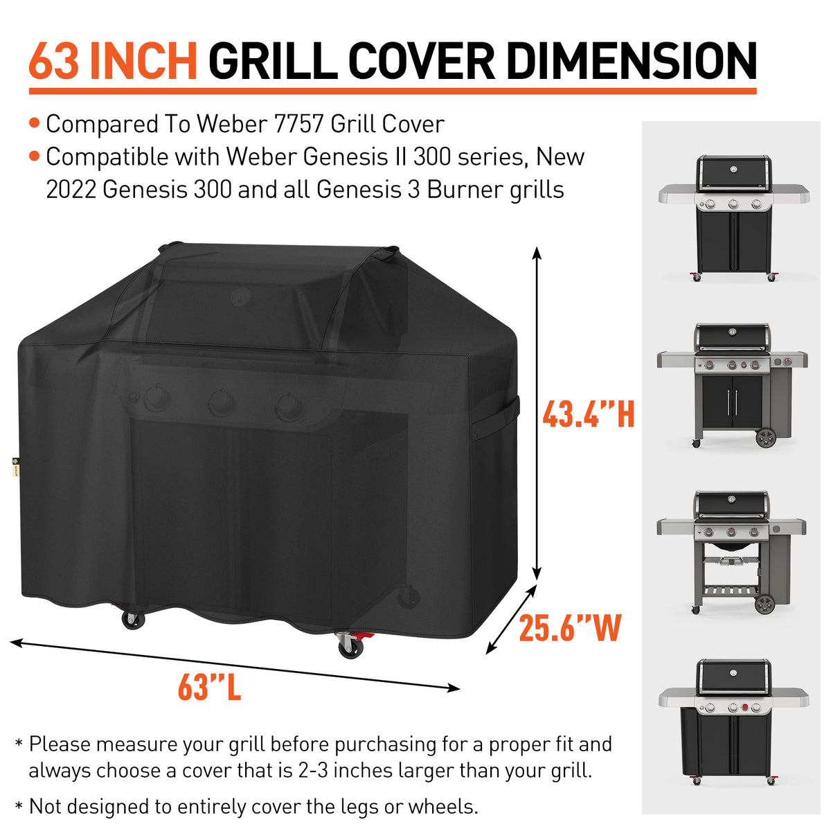 Arcedo Grill Cover 63 Inch Compatible with Weber Genesis 300 Series, Black