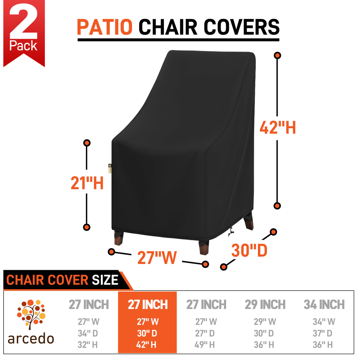 Arcedo High Back Patio Chair Cover 2 Pack, 27"W x 30"D x 42"H, Black