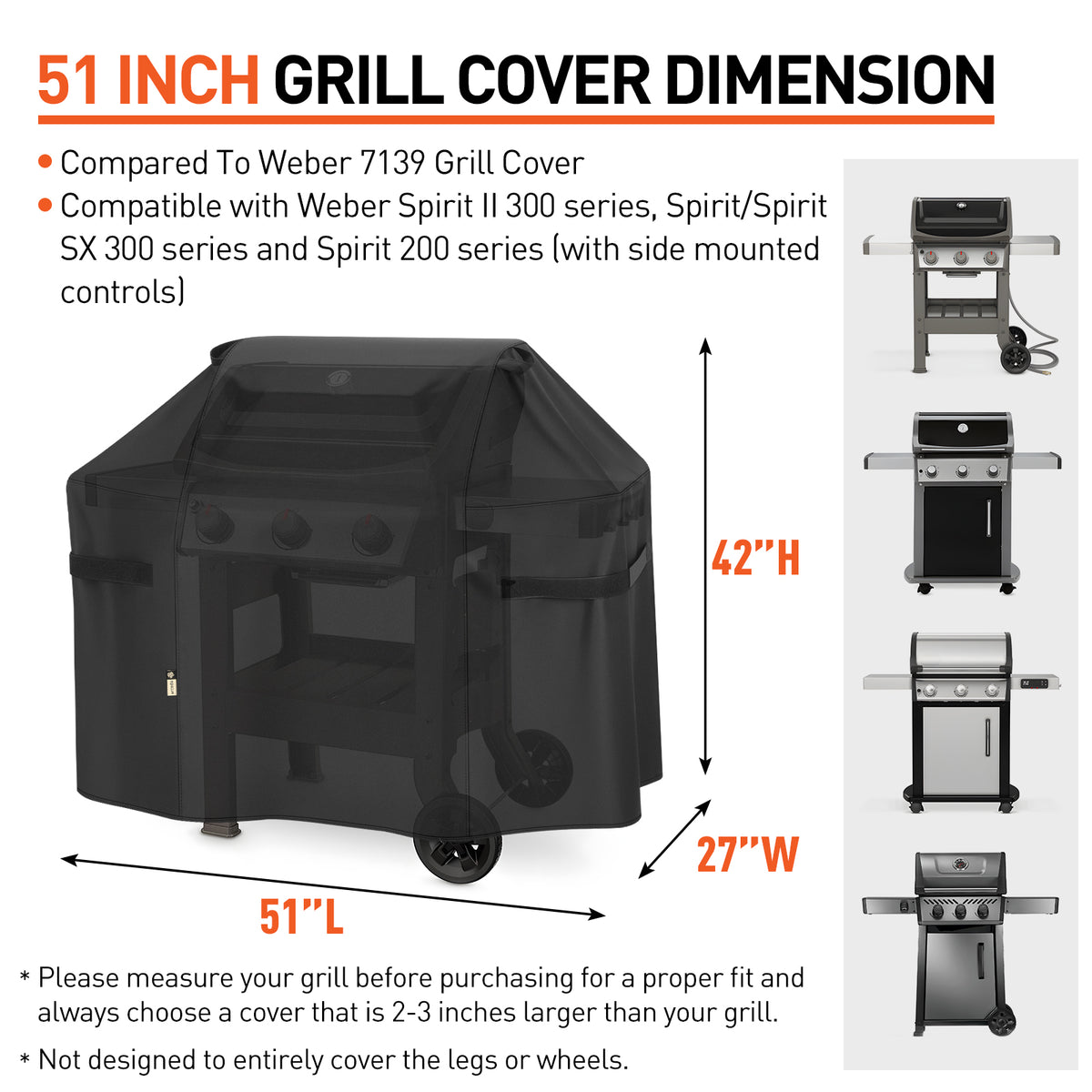 Arcedo Grill Cover 51 Inch Compatible with Weber Spirit II 300 Gas Grill, Black
