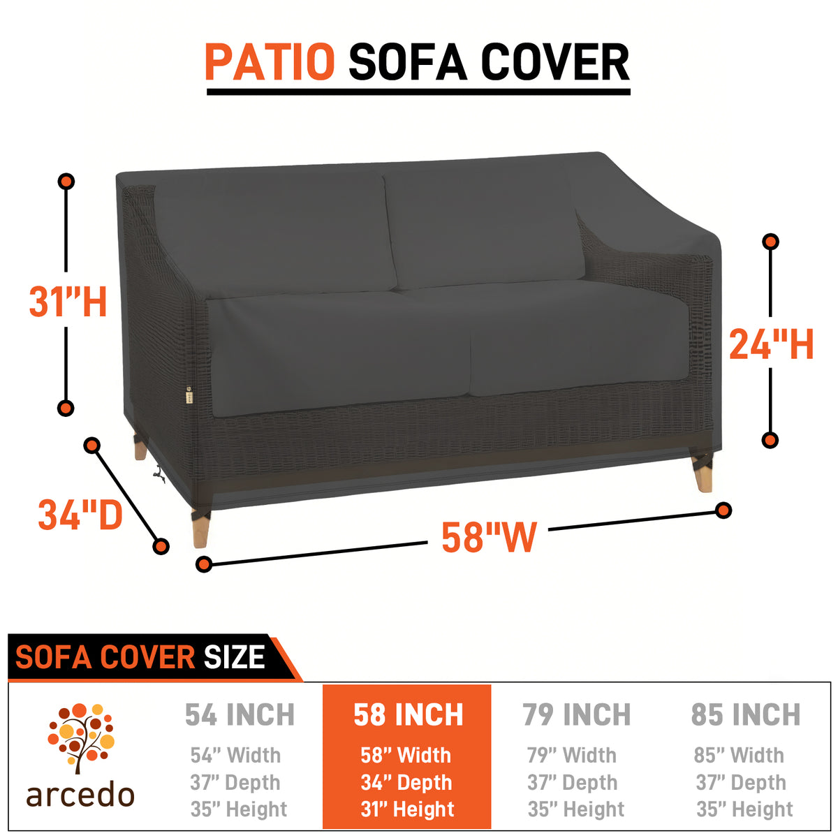 Arcedo Patio 2-Seater Loveseat Cover Waterproof, 58" W x 34" D x 31" H, Black