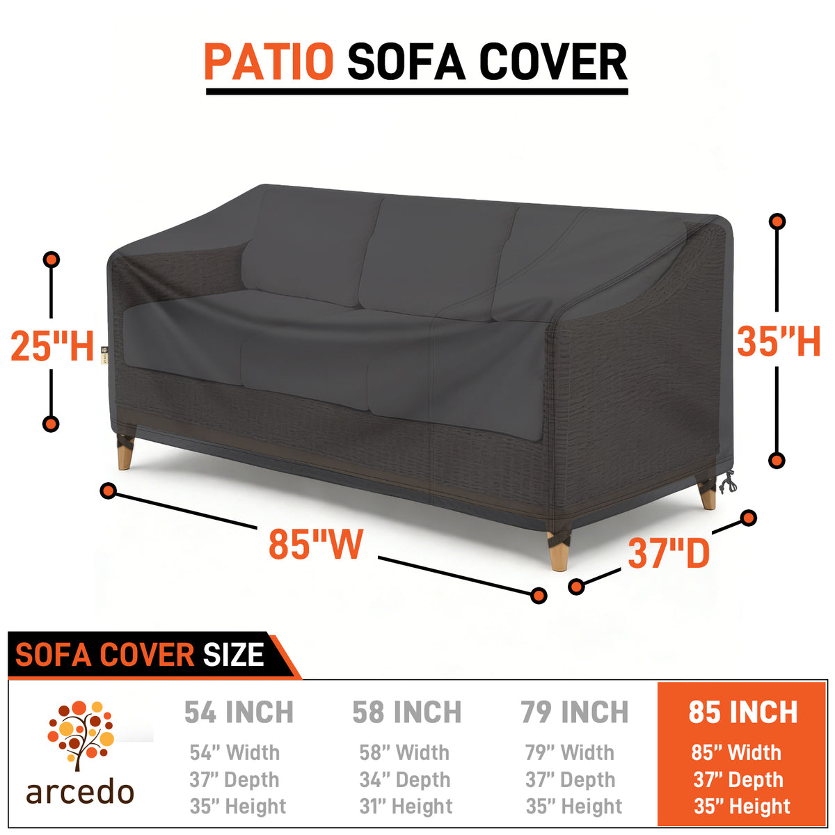 Arcedo Outdoor Sofa Cover 3-Seater Waterproof, 85" W x 37" D x 35" H, Black
