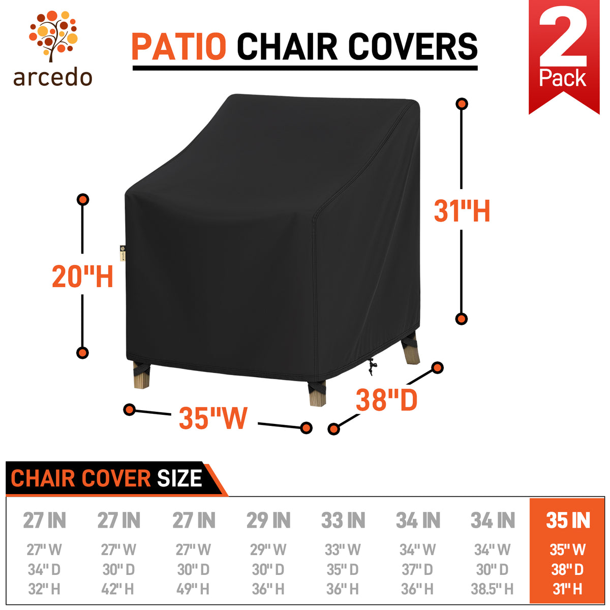 Arcedo Outdoor Chair Covers Waterproof 2 Pack, 35" W x 38" D x 31" H, Black