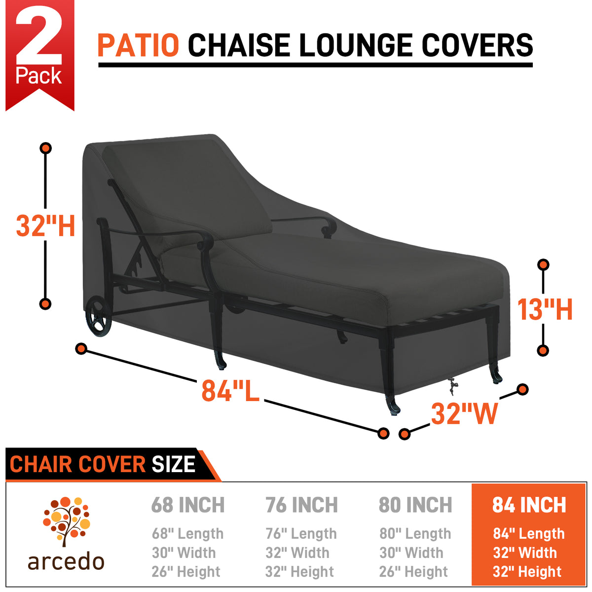 Arcedo Patio Lounge Chair Cover 2 Pack, 84" x 32" x 32" H, Black