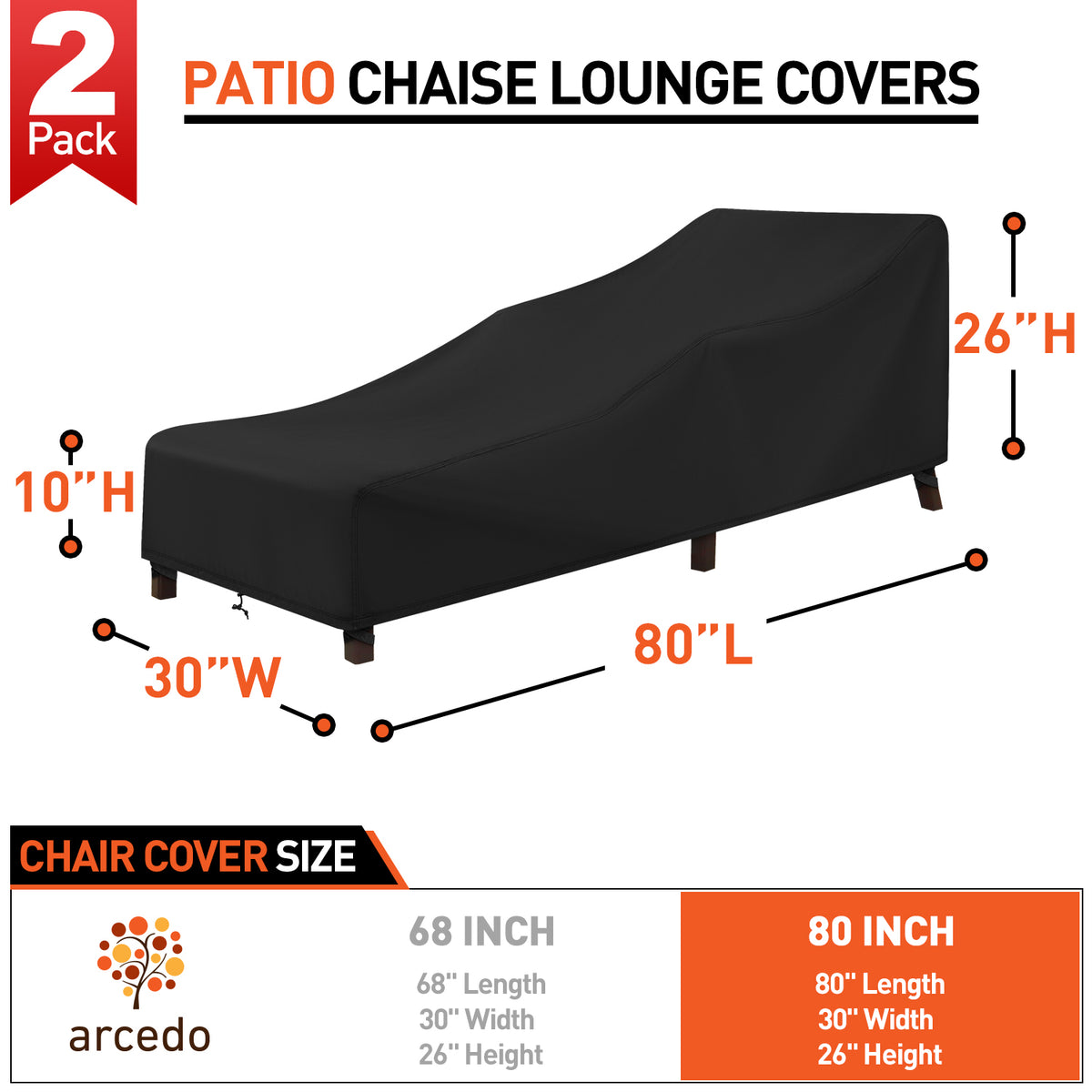 Arcedo Patio Chaise Lounge Cover Waterproof 2 Pack, 80" x 30" x 26" H, Black