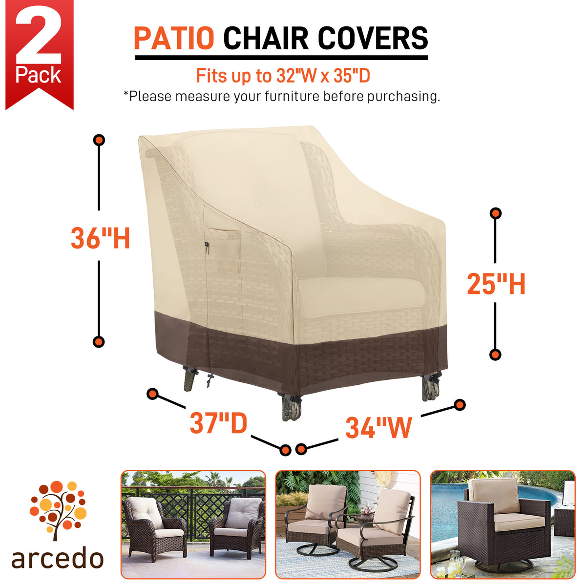 Arcedo Waterproof Patio Chair Covers 2 Pack, 34"W x 37"D x 36"H, Beige & Brown