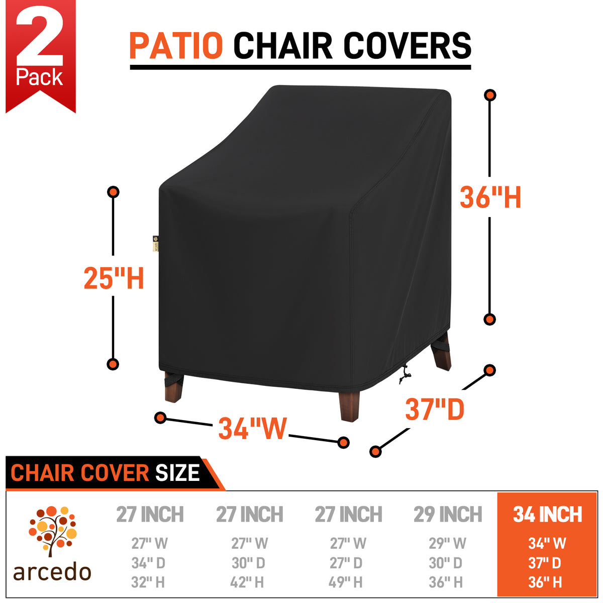 Arcedo Patio Swivel Lounge Chair Covers 2 Pack, 34"W x 37"D x 36"H, Black
