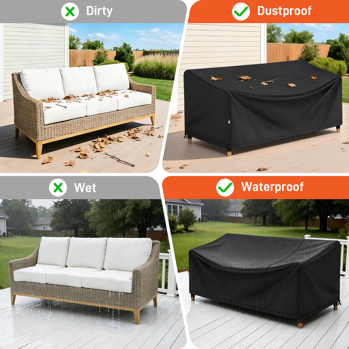 Arcedo Outdoor Sofa Cover 3-Seater Waterproof, 85" W x 37" D x 35" H, Black