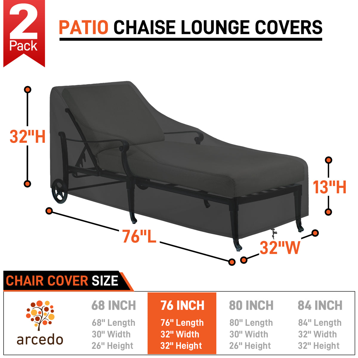 Arcedo Outdoor Lounge Chair Covers 2 Pack, 76" x 32" x 32" H, Black