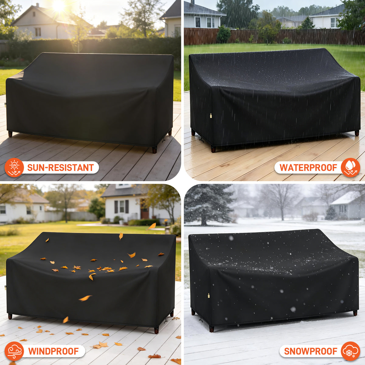 Arcedo Waterproof 3-Seater Sofa Cover, 79" W x 37" D x 35" H, Black