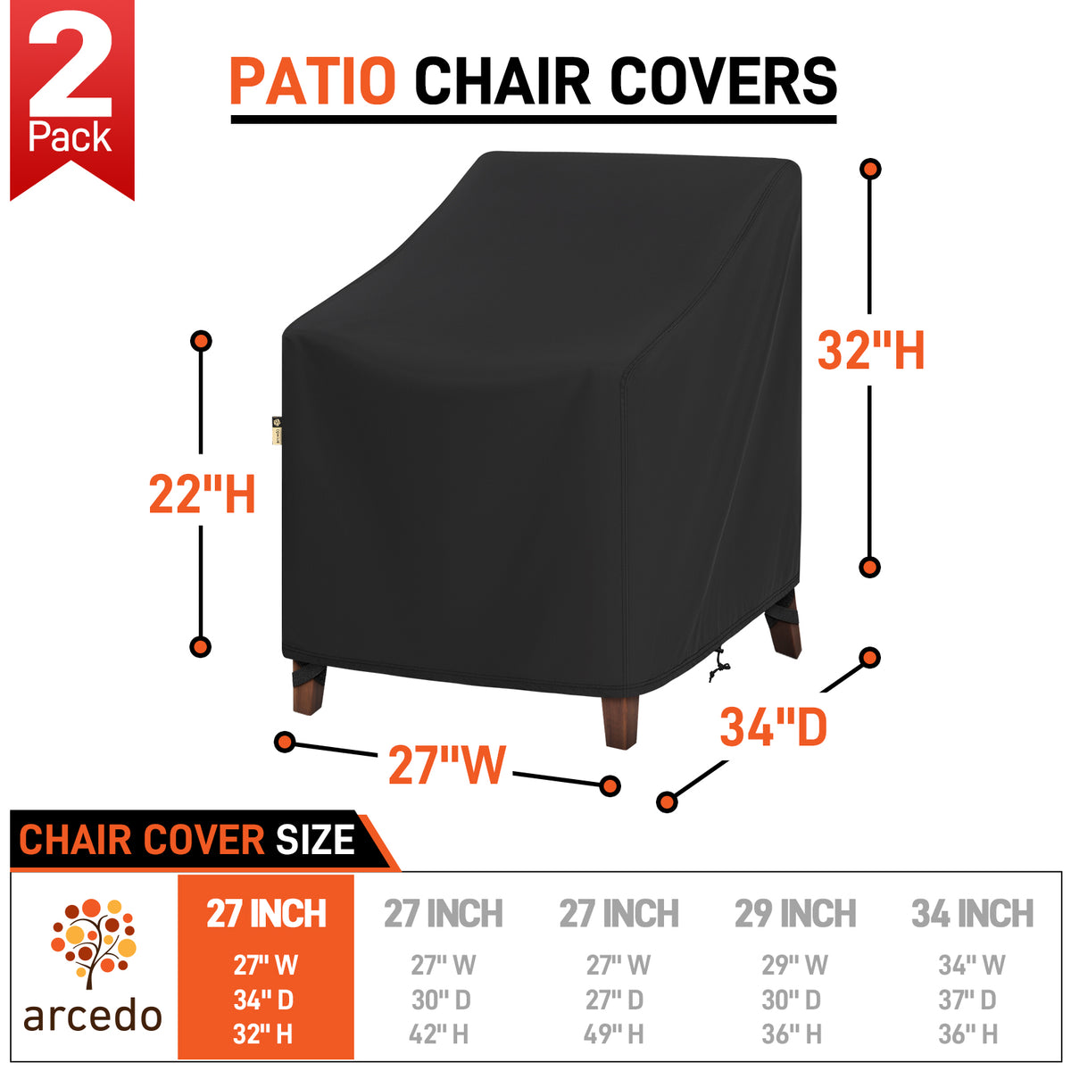 Arcedo Waterproof Patio Chair Covers 2 Pack, 27"W x 34"D x 32"H, Black