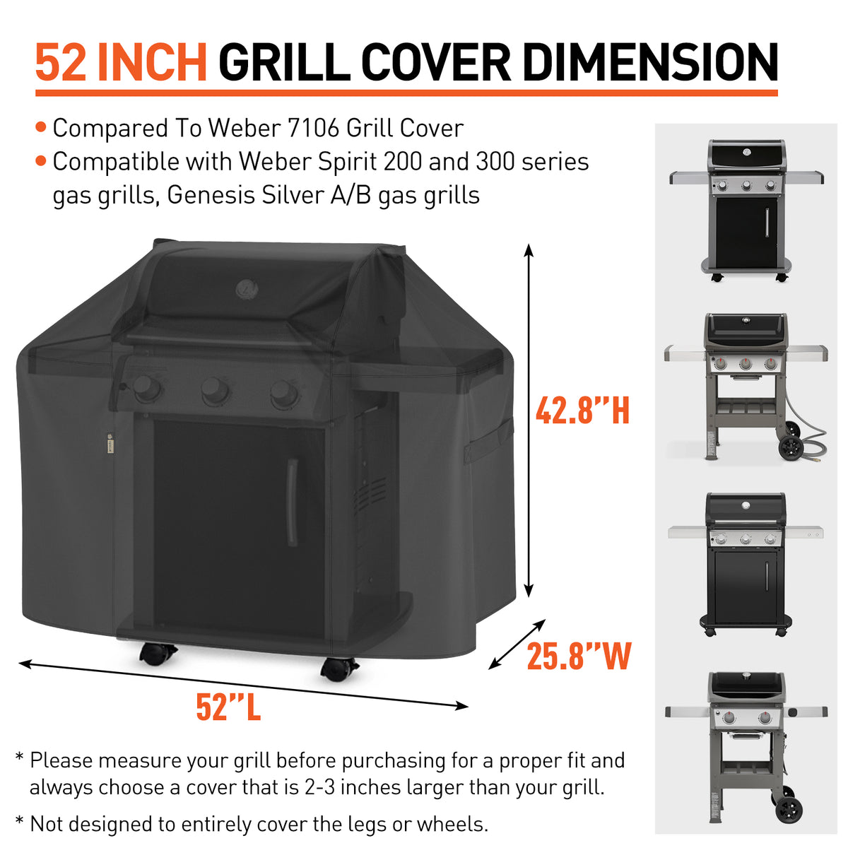 Arcedo Grill Cover 52 Inch Compatible with Weber Spirit 200 Gas Grill, Black