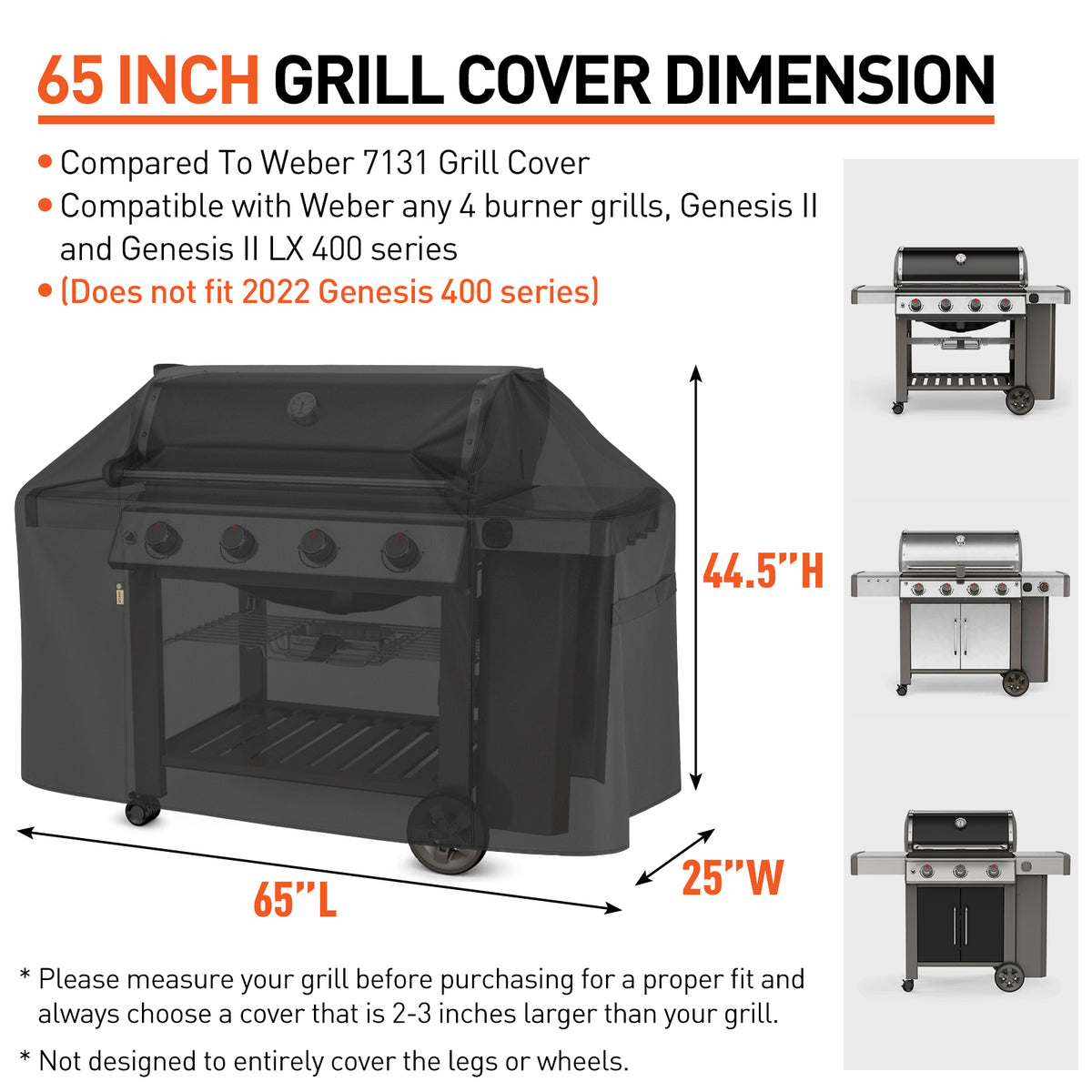 Arcedo Grill Cover 65 Inch Compatible with Weber Genesis II 400 Series Gas Grill, Black