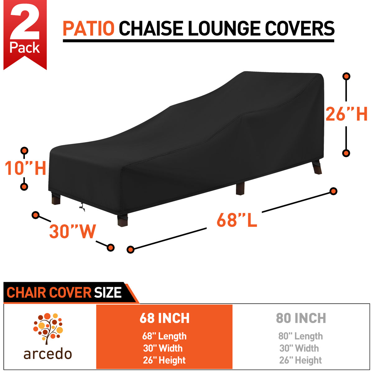 Arcedo Outdoor Chaise Lounge Chair Cover 2 Pack, 68" x 30" x 26" H, Black