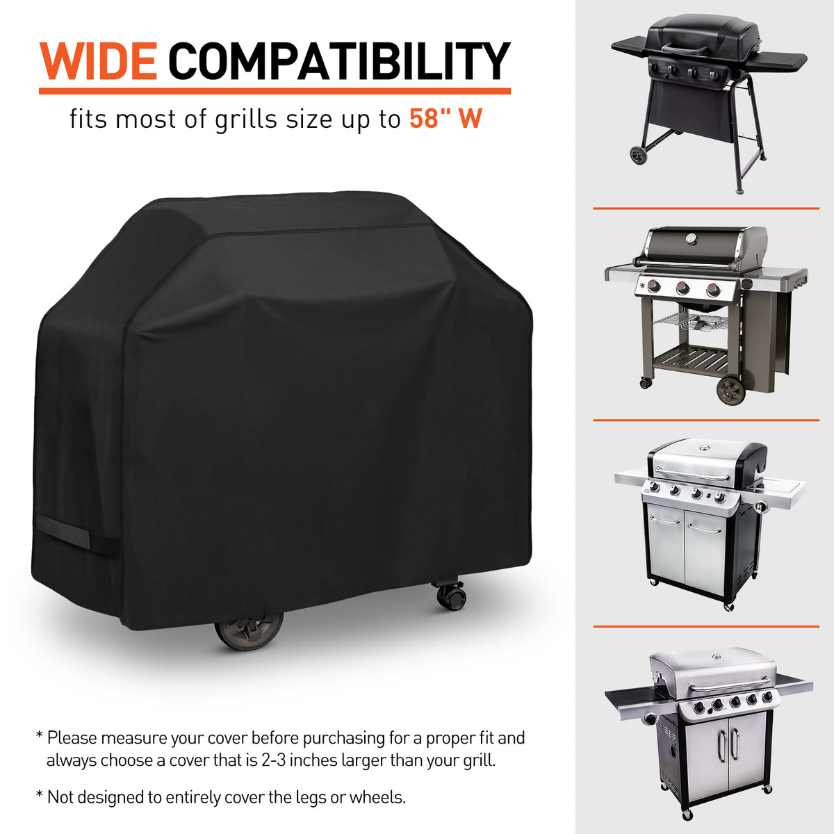 Arcedo Waterproof Grill Cover with Straps, 60 Inch, Black