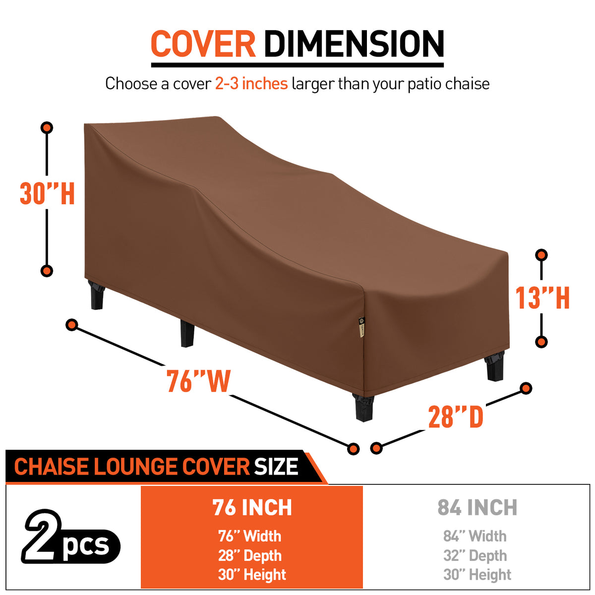 Arcedo 2 Pack 76 Inch Patio Chaise Lounge Cover, Brown