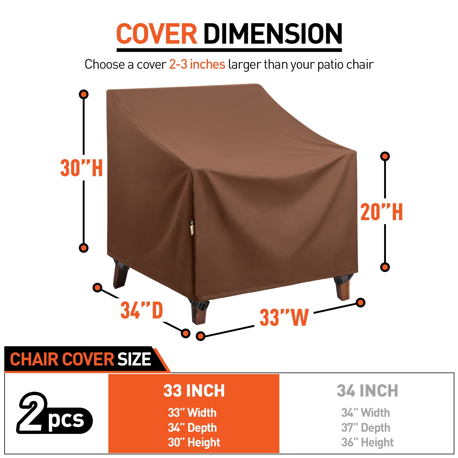 Arcedo 2 Pack 33 Inch Patio Chair Cover, Brown