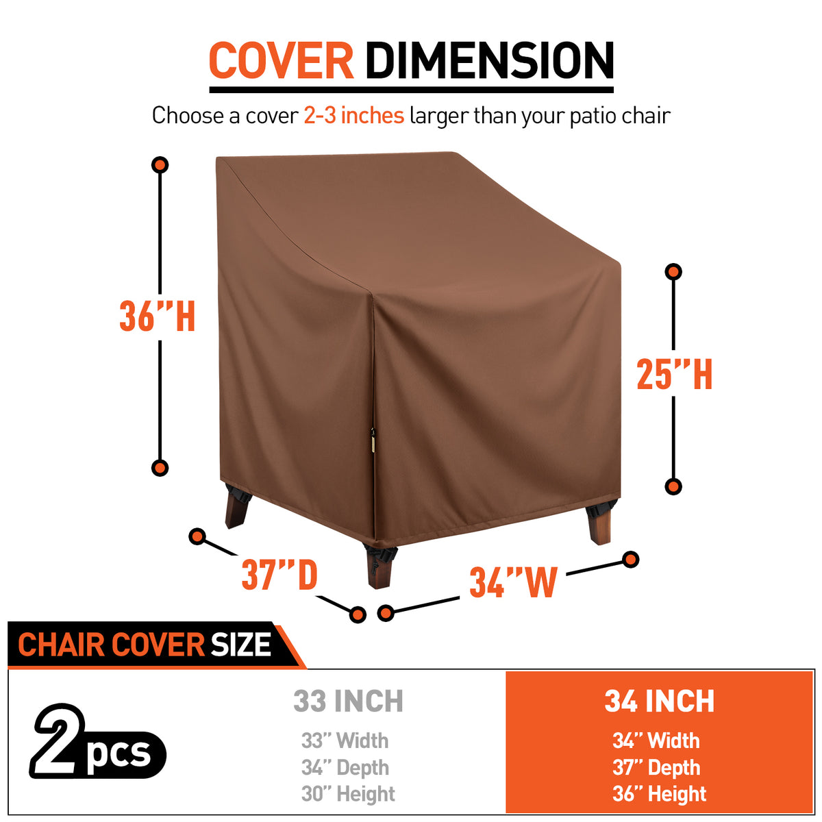 Arcedo 2 Pack 34 Inch Patio Chair Cover, Brown